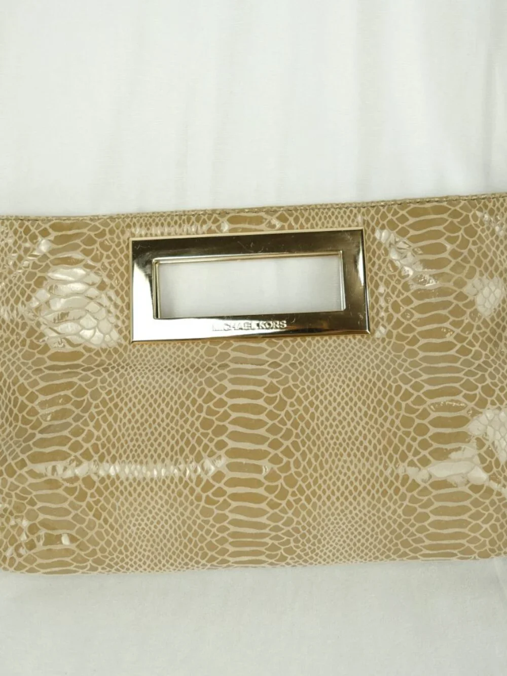 Michael Kors Snakeskin Clutch Gold Metal Handles Soft Beige Purse